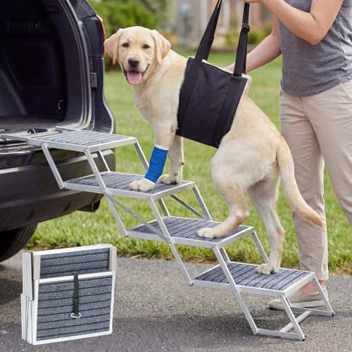 Veehoo Folding Dog Steps Large for Car Truck SUV, Dogs Car Stairs 20" Wide | 4 Steps Foldable Pet Step Aluminum Dog Stairs for Injured Senior Dogs Heavy Duty Pet Ramp Ladder Non Slip, up to 170lbs