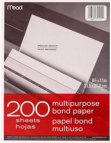 Mead Multipurpose Paper, 8-1/2" x 11", Letter Size, Bond, White, 200 Sheets/Pack (39200)