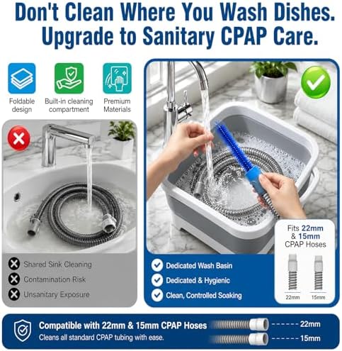 10 Pack CPAP Cleaning Kit with Speed-Adjustable Hose Dryer (for 22 mm &15 mm Tubing), Collapsible Wash Basin & 2 Hooks