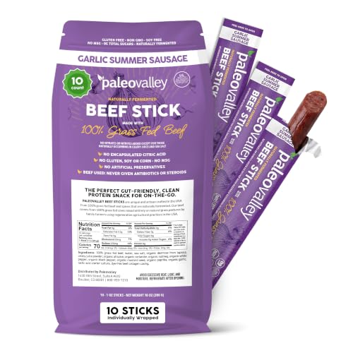 Paleovalley 100% Grass Fed Beef Sticks, Protein Snacks, Original | 10 Count, Individually Wrapped, Naturally Fermented, Gluten Free, Keto and Paleo, Made With Simple Ingredients, 6g Protein