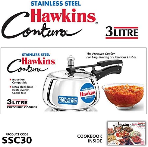 Hawkins 3 Litre Contura Pressure Cooker, Stainless Steel Inner Lid Cooker, Handi Cooker, Induction Cooker, Silver (SSC30)