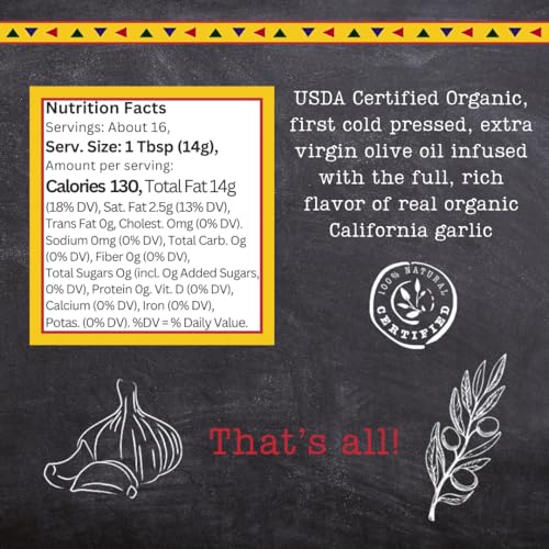Garlic Gold Extra Virgin Olive Oil Infused with Garlic, Premium Certified USDA Organic, Low FODMAP, Cold Pressed (250 mL, 6 Pack) | 8.44 Fl Oz - 250 ml (6 Pack), First Cold Pressed, Hand Crafted, Artisanal, USDA Organic, Low FODMAP, Gluten Free