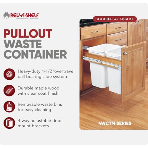 Rev-A-Shelf 35 Qt Top Mount Double Pullout Under Cabinet Kitchen Trash Cans for Base Cabinets, 150 Pound Rated Full-Extension Slides, Min Opening Width of 14.75", White, 4WCTM-18DM2-162