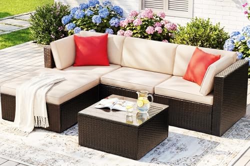 Devoko 5 Pieces Patio Furniture Sets Outdoor Sectional Patio Sofa | All Weather Manual Weaving Wicker Rattan Patio Seating Sofas with Cushion and