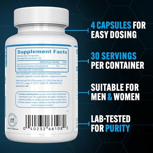 PEScience TruCreatine Creatine Monohydrate Pills, Creapure, 120 Capsules | Easy-To-Take Creapure Creatine Capsules, Monohydrate, For Men & Women