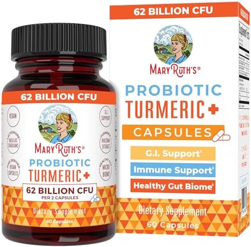 MARYRUTH'S Probiotic Turmeric Curcumin + Extra GI Support, Vegan, 60 Count | 62 Billion CFU, Organic Ingredients Turmeric Complex with Probiotics