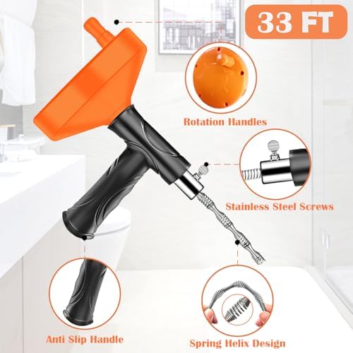 33 Feet Drain Snake Auger, Plumbing Snake Drain Hair Clog Removal Tool, Heavy Duty Toilet Snake Auger