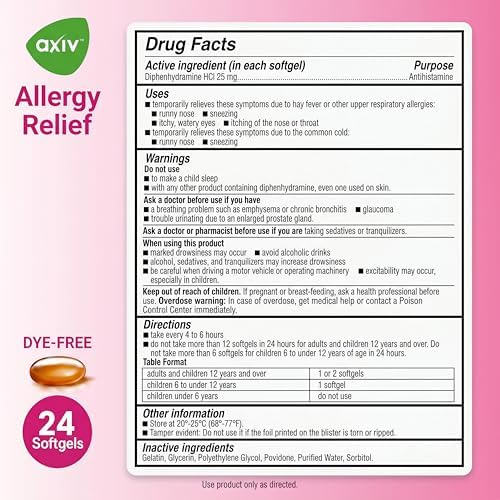AXIV Allergy Relief Softgels, Antihistamine Medicine & Cold Symptom Relief, Dye-Free Liquid Gels, 25 mg Diphenhydramine HCl, Runny Nose, Sneezing, 24 Count (24 Softgels)