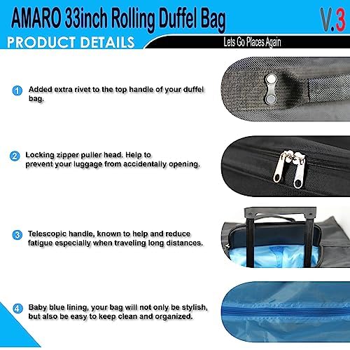 AMARO 36 Inch Rolling Duffle Bag with Wheels, Extra Large Heavy Duty Travel Duffel Luggage with Telescopic Handle, Multiple Pockets, Collapsible Storage, Black/Grey