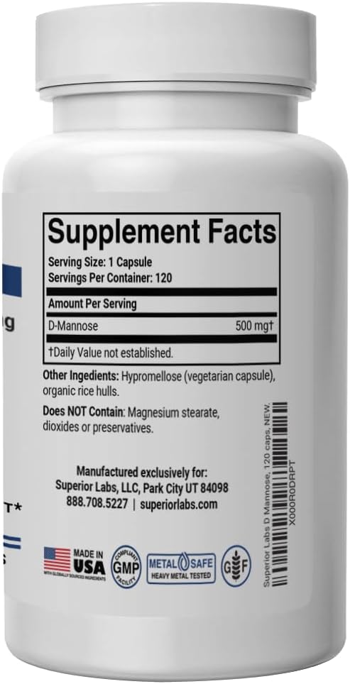 Superior Labs D-Mannose 500 mg, Pure Non-GMO Optimal Absorption Prebiotic, Urinary Tract, Bladder & Kidney UTI Support, Digestive & Liver Health Aid