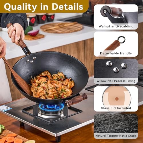 WANGYUANJI 12.6 Inch Cast Iron Wok with Wooden Lid, Handcrafted Flat Bottom Chinese Stir Fry Pan, Uncoated Heavy-Duty Iron Wok for Induction, Gas