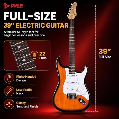 Pyle Electric Guitar and Amp Kit - Full Size 39" Complete Starter Kit with Wearable Bluetooth Amplifier, 1/4” Cable, Carry Case, Strap, Strings, Picks, Cleaning Cloth, ST-Style Pickups (Black)