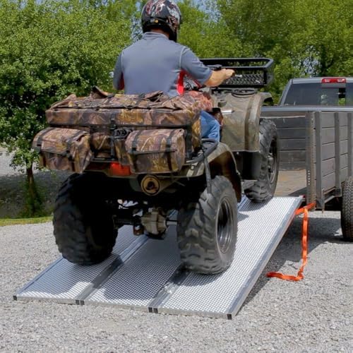 Black Widow 6ft 5in Aluminum Folding ATV Loading Ramp, 1500 lb Capacity | Load four-wheelers into trailer, folds into thirds for storage, safety straps included