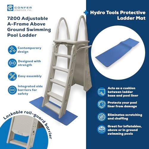Plastics 7200 Adjustable A-Frame Safety Ladder Steps with Roll-Guard for Above Ground Pools & Hydrotools by Swimline 9" x 24" Ladder Mat