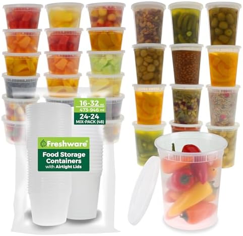 Freshware Food Storage Containers [24 Set] 32 oz Plastic Deli Containers with Lids, Slime, Soup, Meal Prep Containers | BPA Free | Stackable | Leakproof | Microwave/Dishwasher/Freezer Safe