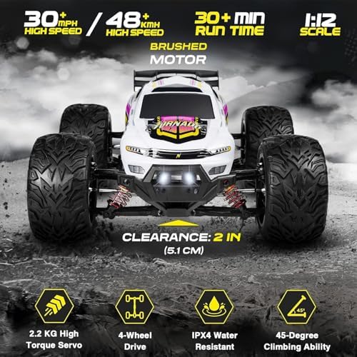 4x4 RC Cars for Adults 48kmh High-Speed - 1:12 Scale Large Waterproof Remote Control Truck, Offroad Electric Monster Car, 2 Batteries 30+ Min Play