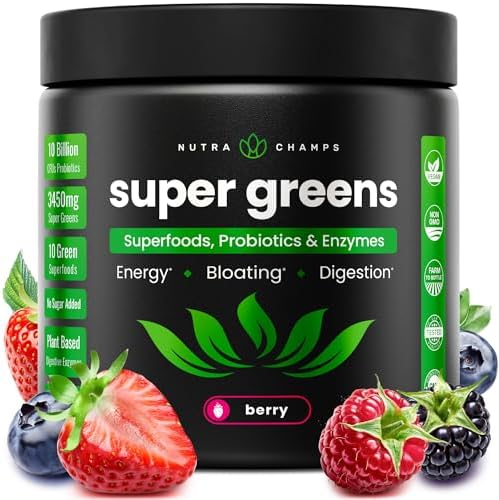 SuperGreens Powder, 40+ Organic Superfoods, Probiotics & Enzymes for Energy, Digestion, Gut Health & Bloating | Organic Fruit & Veggie Drink Mix