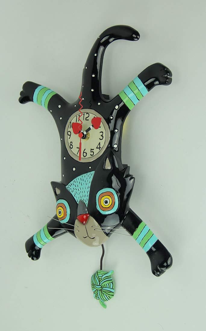 Enesco Allen Designs Craft Attack Cat with Yarn Sculpted Pendulum Wall Clock, 16.25 Inch, Multicolor