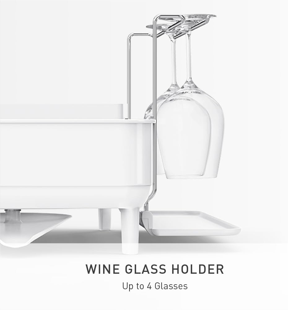 simplehuman Steel Frame Dishrack, Large Capacity Dish Drying Rack, 360º Easy Drain Swivel Spout, Utensil & Wine Glass Holder, Anti-Residue Coating