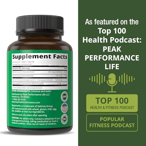 Peak Performance Advanced Vitamin D 2000 IU with All 3 Types of Vitamin K | Vitamin D3 and Vitamin K2, K1, MK-7 (MK7)
