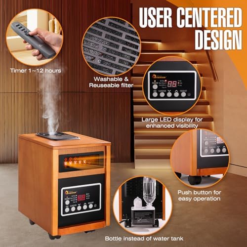 DR. INFRARED HEATER DR-998, 1500W Dual Heating Infrared Space Heater with Humidifier, Oscillation, Remote Control, Thermostat & Safety Protection, Portable with Wheels, Energy Efficient, Cherry