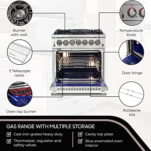 FORNO Capriasca Dual Fuel 30" Inch. Freestanding Range 5 Sealed Brass Burners Cooktop and 4.32 Cu. Ft. Electric Convection Oven - Stainless Steel