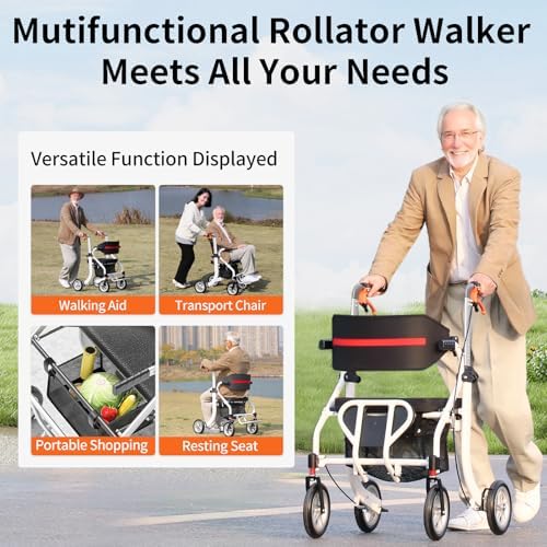 Nihhcune 4 in 1 Rollator Walker Transport Wheelchair Combo - No Assembly | 20lb Lightweight Mobility Rolling Walker with Seat for Seniors, Foldable Travel Chair, 8" All-Terrain Wheels, Supports 300lbs