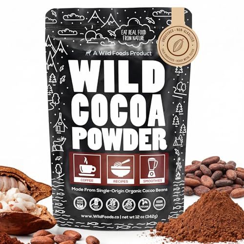 Wild Foods Organic Cocoa Powder Unsweetened for Baking & Cooking, Raw Cacao Powder, Organic Single-Origin Non-Dutched Dark Cocoa, 100% Pure, Non-GMO, Vegan Keto Superfood, Purity Tested, 12 oz