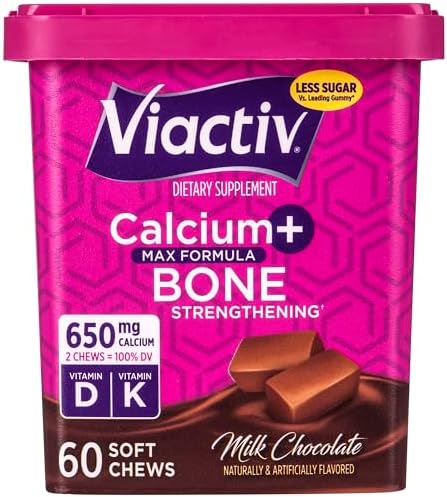 Viactiv Calcium + Vitamin D Supplement Soft Chews for Women & Men - Chewable Calcium for Bone Health Support, 650 mg per Serving, Vitamin D & K for High Absorption - 60 Count, Caramel