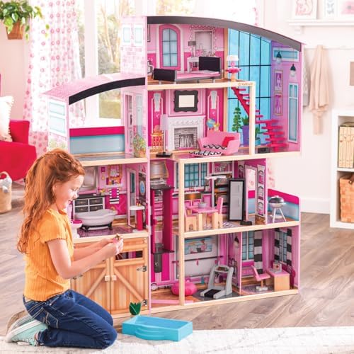 KidKraft Wooden Dollhouse Shimmer Mansion for 12" Dolls | Over 4 Feet Tall, Garage, For 12-Inch Dolls, DIY Pink Doll House, Gift for Ages 3+