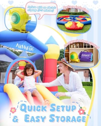 AirMyFun Pink Inflatable Toddler Bounce House with Blower, Indoor/Outdoor Jumping Castle for Kids 3-8, Inflatable Bouncy House with Slide, 82011B