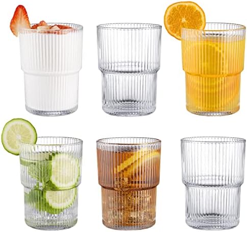 6PCS Ribbed Drinking Glasses, 14Oz Stackable Glass Cup Set for Bar & Kitchen | Fluted Designed