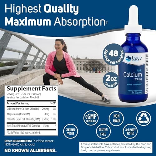 Trace Minerals Liquid Ionic Calcium Supplement, 200mg, 59ml, 2 fl oz | Supports bones, nerves, and muscles, 70+ trace minerals