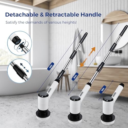 Electric Spin Scrubber, Cordless Power Cleaning Brush with 8 Replaceable Heads, 2 Adjustable Speeds, LED Display & Long Handle
