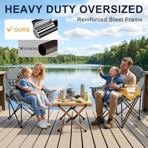 Oversized Camping Chairs for Adult - Heavy Duty Padded Portable Folding Chair XL Collapsible Camp Chair with Cup Holder Side Pocket for Outdoor Lawn Beach Sport Fishing Support 500LBS, Grey