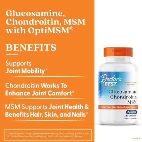 Doctor's BEST Glucosamine Chondroitin MSM - Joint Health Support Supplement for Women & Men, Nutritional Support for Joint Strength, Hair, Skin, & Nails, Gluten Free, Non GMO - 240 Capsules