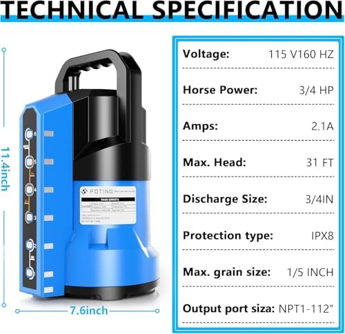 FOTING Sump Pump 3/4HP Automatic Submersible Water Pump