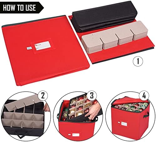 Christmas Ornament Storage Box, 4 Individual Trays Xmas Storage Container, Fits 64 Ornaments Decoration Balls, Constructed of Durable Polyester Material (Red)