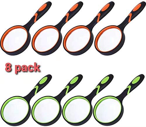 8 Pack 8X Handheld Magnifying Glass Reading Magnifier 50mm Magnifying Glass Lens with Non-Slip Rubber Handle for Reading Hobbies and Science