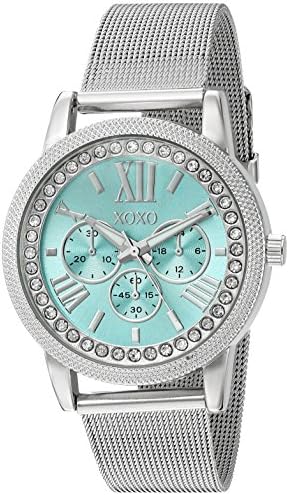 XOXO Women's Silver-Tone Analog Watch with Crystal Bezel and Aqua Blue Dial – Mesh Band Dress Watch with Faux Chrono Look Fits Wrists 5.5"-8" in