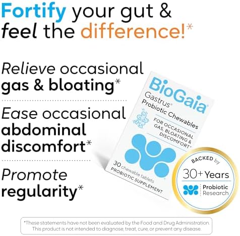 BioGaia Gastrus L reuteri Probiotic | 35 Years of Clinical Gut Research | L reuteri 6475 + 17938 Probiotics | Ease Gut Discomfort, Gas & Bloating | Promotes a Healthy Gut & Microbiome | 30 Chewables