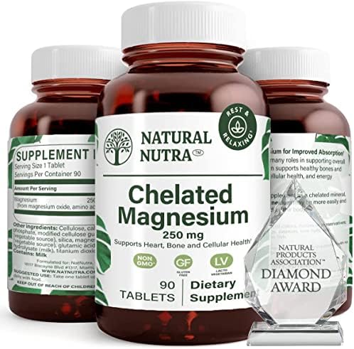 Natural Nutra Chelated Magnesium Oxide 250 mg - High Absorption for Strong Bones, Heart Health, Dental Health, Energy Boost, Gluten-Free, Non-GMO, 180 Tablets in BPA-Free Recyclable Glass Bottles