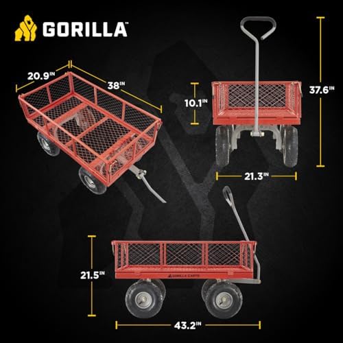 Gorilla Carts 800-Pound Capacity Heavy Duty Steel Mesh Versatile Utility Garden Wagon with Easy Grip Handle for Outdoor Hauling, Red, Model GOR800-COM | 800-lb Capacity Steel Utility Garden Cart for Homeowners and Contractors Hauling Firewood, Bricks and…