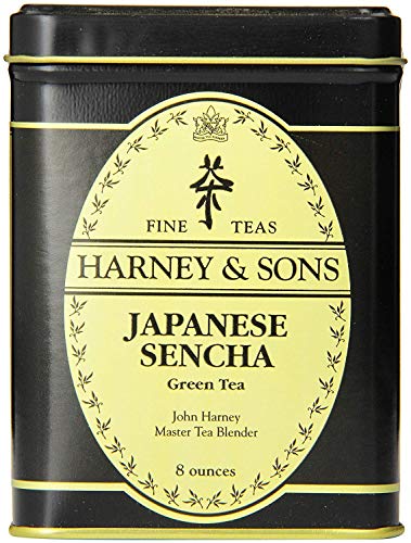 Harney & Sons Japanese Sencha Tea, Loose Leaf Green Tea Tin, 8 oz | Loose leaf Sencha green tea from Shizuoka with mild vegetal, spinach, and light roasted notes. 8 oz tin. Contains caffeine.