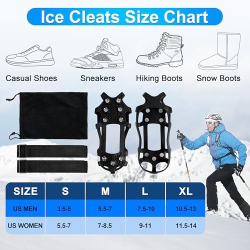 Ice Cleats for Shoes and Boots Crampons Snow Traction Cleats Anti Slip Overshoe 9 Steel Studs Shoe Grippers Slip-on Stretch Footwear for Women Men Kids Winter Hiking Climbing