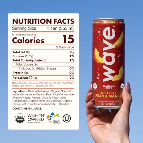 WAVE Organic Sparkling Drink, Soda Alternative, White Tea Peach Mango | No Added Sugar, Low Calorie, No Artificial Sweeteners, Coconut Water