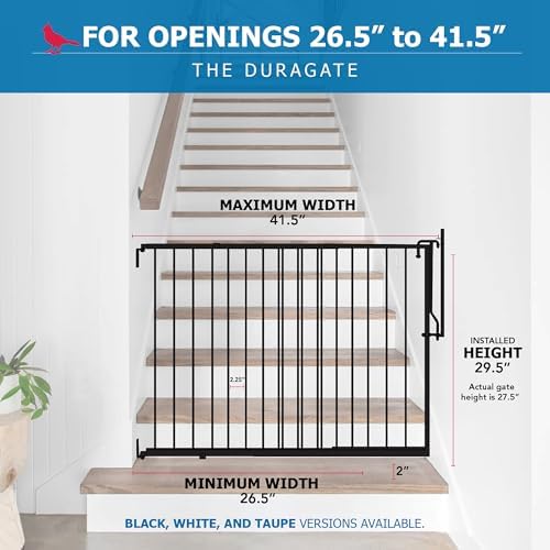 Cardinal Gates MG25 Duragate Baby and Pet Gate, 26.5-41.5 in, Black | Steel hardware-mounted gate for children and pets. One-hand latch, two-way swing, and angle-capable installation.