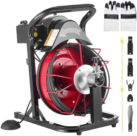 VEVOR Drain Cleaner Machine 75 FT x 3/8 Inch, Sewer Snake Auger Manual Feed with 4 Cutters & Air-activated Foot Switch for 2" to 4" Pipes