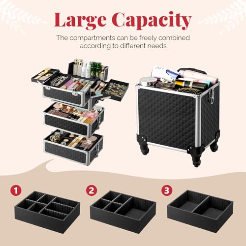 mefeir 4 in 1 Rolling Makeup Train Case, Aluminum Makeup Travel Organizer Cosmetic Case, Cosmetology Display Suitcase on Wheels, Beauty Storage Luggage Lockable w/4 Removable Wheels (Black)