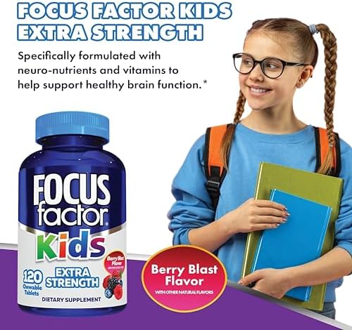 Focus Factor Kids Extra Strength Daily Chewable for Brain Health Support, 120 Count – Vitamins - Quality Formula – Gluten & Dairy Free Supplements for Children – No Artificial Sweetener